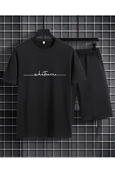 CAST COLLECTİON Men's Black Whatever Printed Shorts Tshirt Set