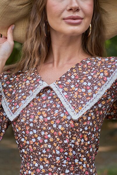 KÜÇÜĞÜM BUTİK Vintage Φόρεμα με μεγάλο γιακά καφέ λουλουδάτο μακρυμάνικο