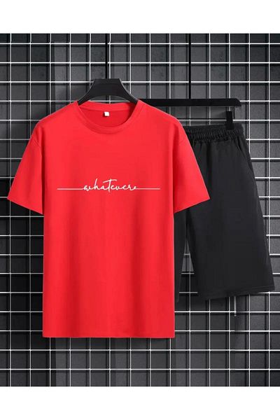 NO 601 Men's Red Whatever Printed Shorts Tshirt Set