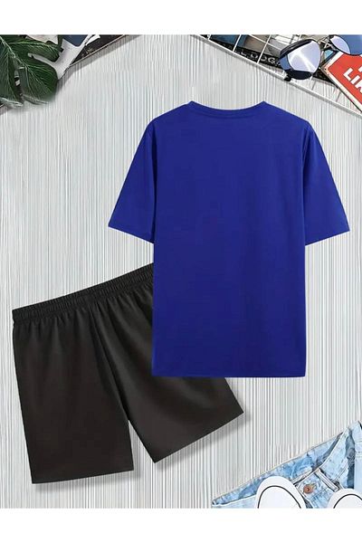 NO 601 Men's Sax Blue Balance Printed Short Tshirt Set