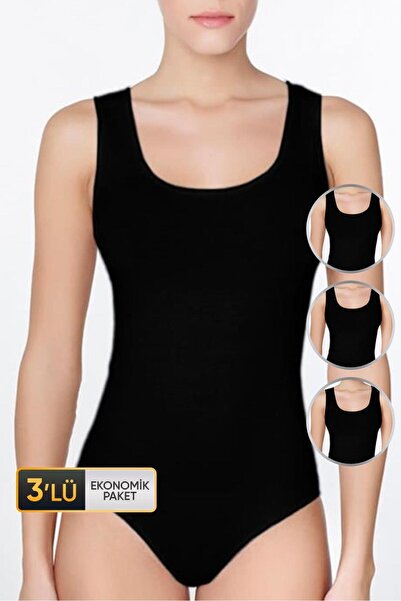 Çift Kaplan Kadın Geniş Askılı Siyah Body 761 3'lü Ekonomik Paket