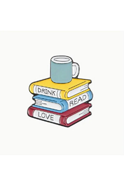 MAURA LIYUZA "Drink / Read / Love" Yazılı Tasarım Kitap Broş Pin - Boy: 2.8 cm En: 2.6 cm