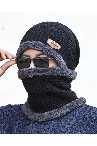 BBS Unisex Beanie and Neck Collar Set Thermal Wool Scarf, Neck Collar Set Black