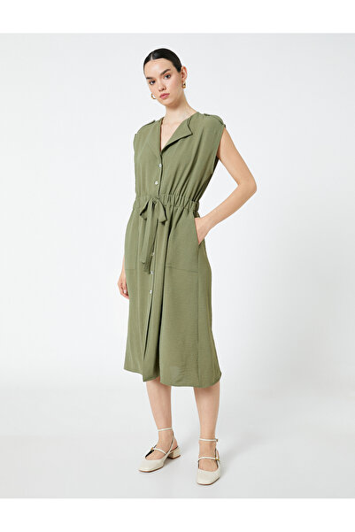 Koton Μίντι πουκάμισο φόρεμα με τσέπη, αμάνικο ζώνη