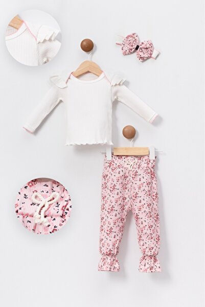 Riffy Baby Floral Printed Ruffle Detailed Headband Pantalon-Badi Set