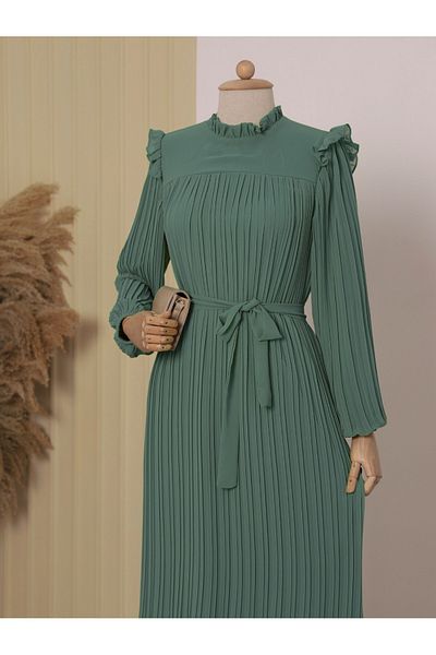 Modamorfo Dress with Robe on the Front, Pleated Sleeves and Size - Mint