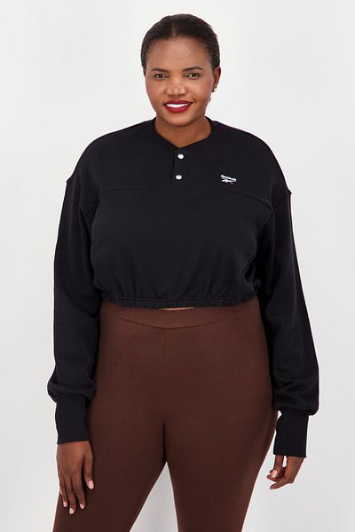 Reebok Women Plus Size V Neck Long Sleeve Outdoor Sweatshirt, Black