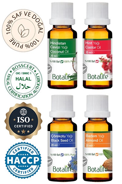Botalife Hindistan cevizi, Hint Yağı, Çörekotu Yağı ve Badem Yağı 4x20ml