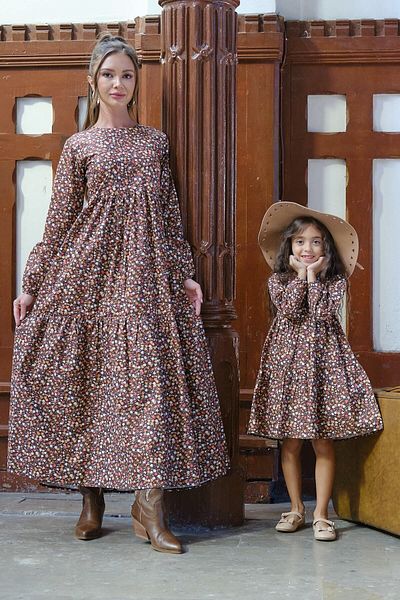 KÜÇÜĞÜM BUTİK Vintage Coffee Floral Hijab Συνδυασμός Μητέρας - Κοριτσιού (Μακρυμάνικο)