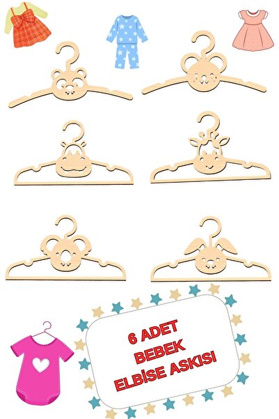 Nurnivus Ahşap 6'lı Sevimli Hayvanlar  Bebek Çocuk Elbise Askısı  Askılık  Dekoratif Bebek Askılığı 6 adet