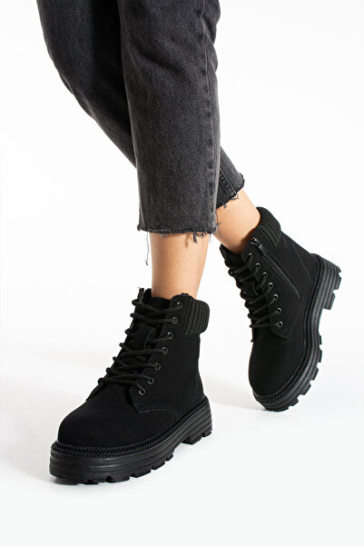 ŞNG Ayakkabı Cizme de damă din piele intoarsa neagra Cat cu detaliu din dantela