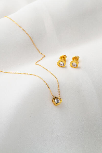 Bilezikci Kalp Tek Taşlı 22 Ayar Altın Takı Seti