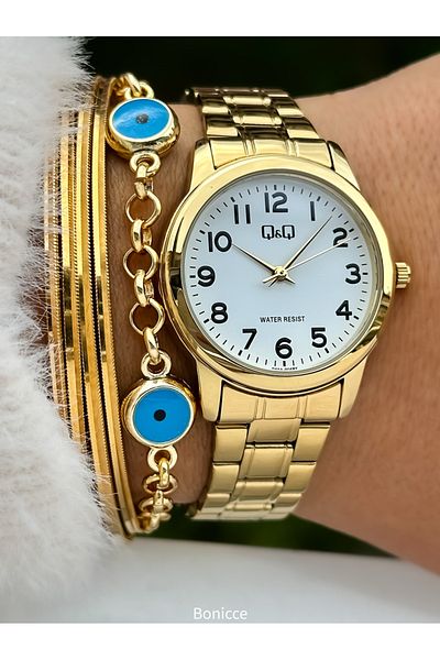 Q&Q Brand Steel Band, Women's Wrist Watch + Bracelet with Yellow Color Numerals