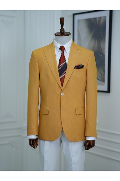 LONATOLİA Men's Premium Italian Style Slim Fit Bag Pocket Half Lined Jacket - Yellow