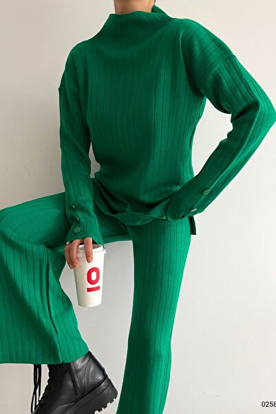 Deafox Green Turtleneck Ribbed Sleeve Buttoned Knitwear Top and Bottom Set