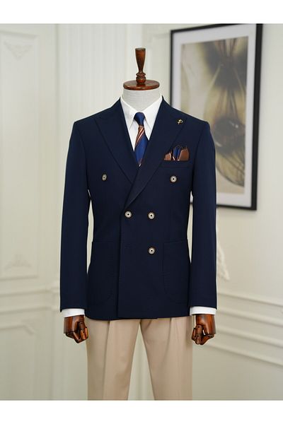 LONATOLİA Premium Italian Style Men's Double Breasted Jacket - Slim Fit, Punto Stitching, Bag Pocket, Half Lined, Navy
