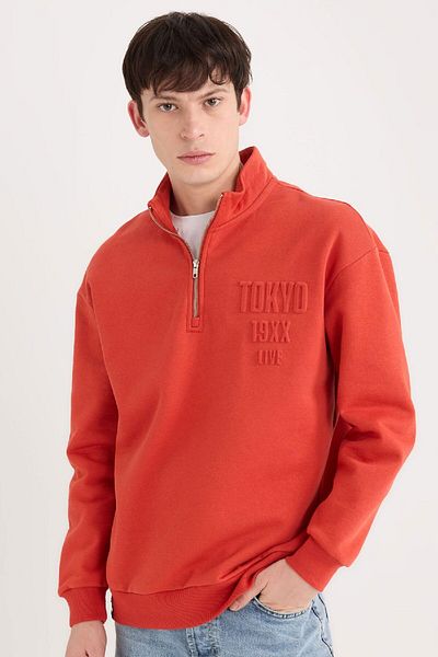 DeFacto Bequemes, bedrucktes Sweatshirt mit Stehkragen und Reißverschluss – bequeme, normale Passform B0254AX24AU