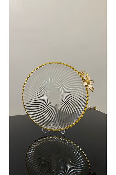 USD HOME Gilded Large Size Serving Presentation Cake Plate with Daisy Accessories 31 cm