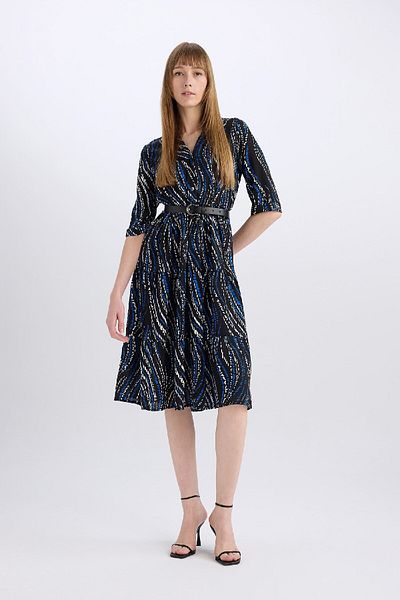 DeFacto Print Half Sleeve Midi Dress with Shirt Neck Belt Z8005Az23Au