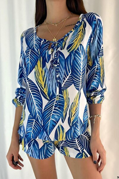 Deafox Mavi Yaprak Desenli Viskon Kumaş Şortlu Takım