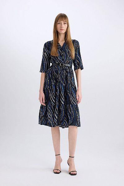 DeFacto Print Half Sleeve Midi Dress with Shirt Neck Belt Z8005Az23Au