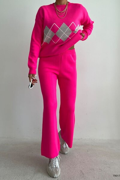 Deafox Pink Diamond Patterned Knitwear Top and Bottom Set