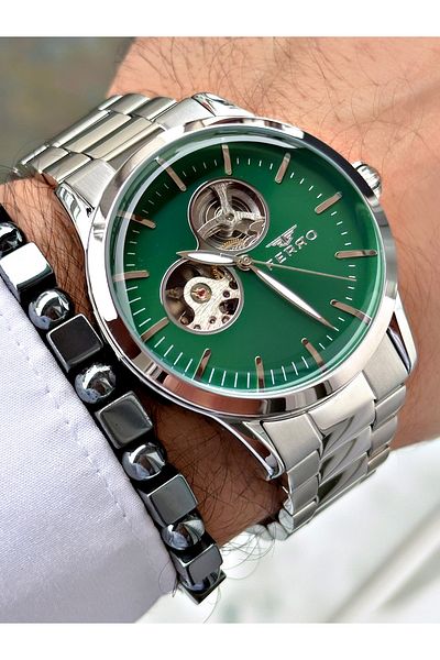 FERRO Silver Color Automatic Business Mechanical Steel Band Men's Wrist Watch+Bracelet