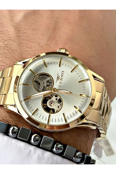 FERRO Gold Color Automatic Business Mechanical Steel Band Men's Wrist Watch+Bracelet