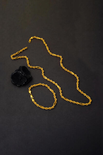 Bilezikci Ataç Burmalı Kolye Bileklik Altın Zincir Set