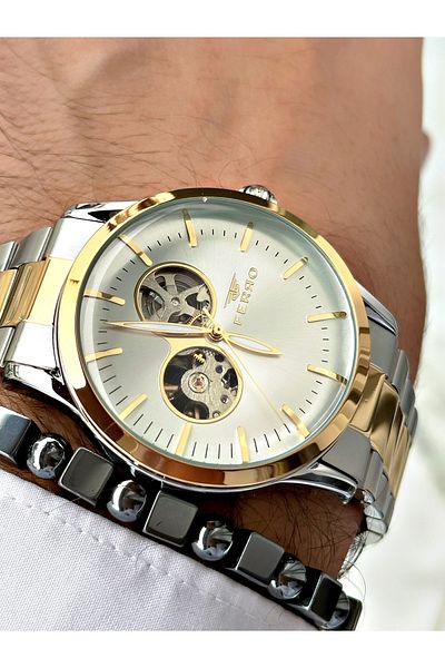 FERRO Gold Silver Color Automatic Business Mechanical Steel Band Men Wrist Watch+Bracelet