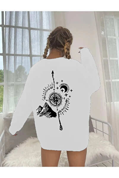 MacroGiyim Γυναικείο φούτερ White Zone oversized Black Compass με τύπωμα