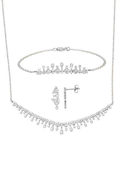 Bilezikci Damla Tasarım 14 Ayar Beyaz Altın Üçlü Set