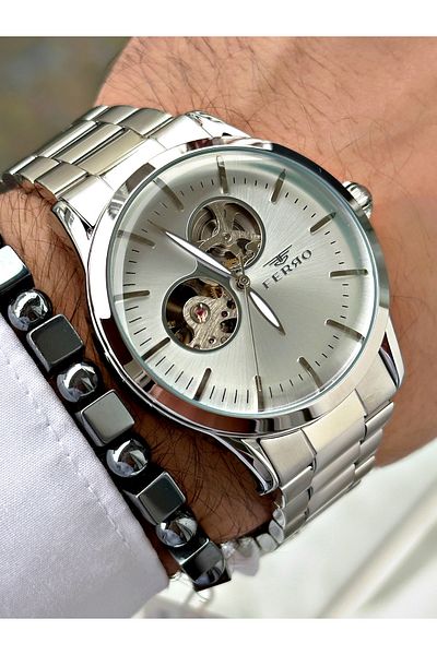 FERRO Silver Color Automatic Business Mechanical Steel Band Men's Wrist Watch+Bracelet