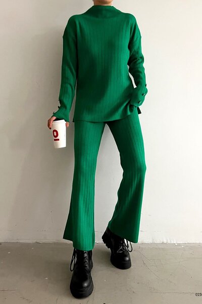 Deafox Green Turtleneck Ribbed Sleeve Buttoned Knitwear Top and Bottom Set