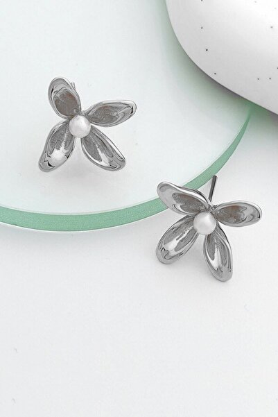 Glaren İnci Detaylı Minimal Çiçek Gümüş Renk Kadın Küpe