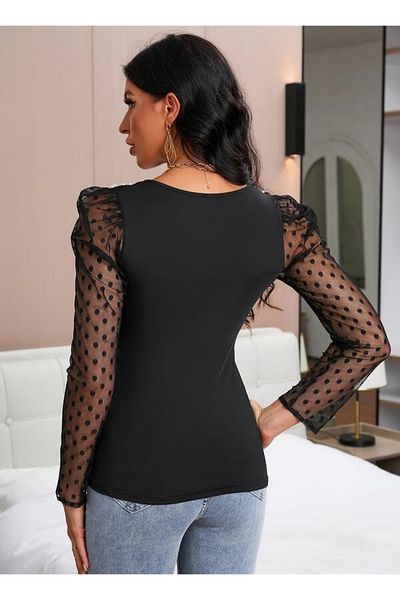 REKA MODA Women's Long Sleeve Shoulder Pearl Sleeves Tulle Detail Viscose Blouse