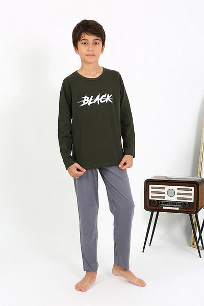 Akbeniz Boy's Khaki μακρυμάνικο χτενισμένο βαμβακερό σετ πιτζάμες - 20437
