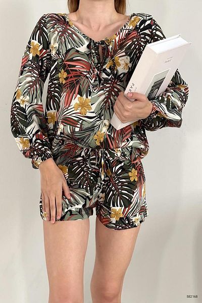 Deafox Set pantaloni scurți din țesătură de viscoză cu model de frunze multicolore