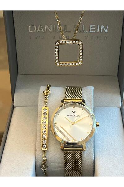 Daniel Klein Anneler Günü Gold Kadın Kol Saati Zirkon Taşlı Kolye Zirkon Taşlı Bileklik (GİFT SET)