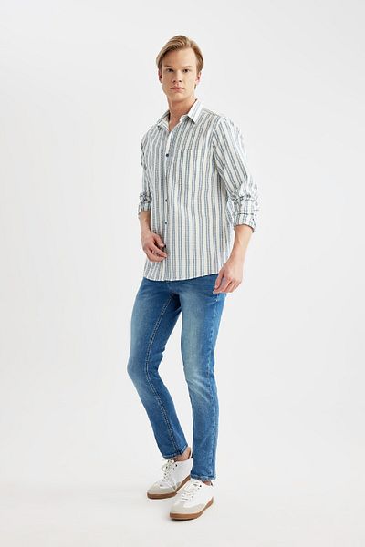 DeFacto Regular Fit Waffle pruhovaná bavlněná košile s dlouhým rukávem B2902ax24sp