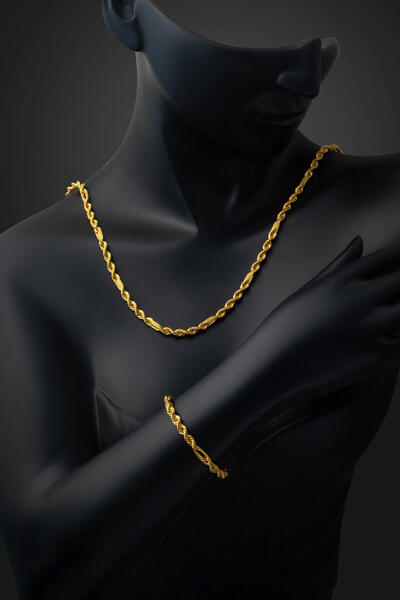 Bilezikci Ataç Burmalı Kolye Bileklik Altın Zincir Set