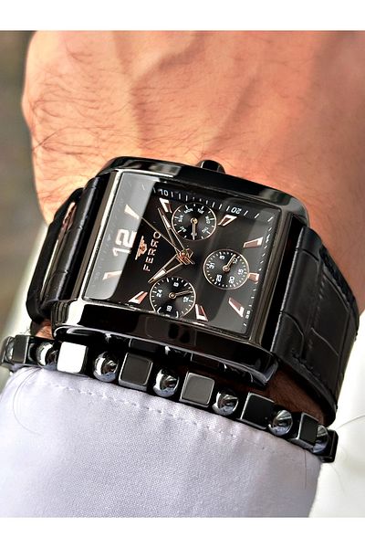 FERRO Black Color Leather Cord Square Large Case Men's Wrist Watch+Bracelet
