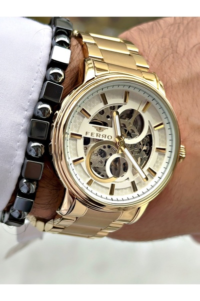 FERRO Gold Color Automatic Business Steel Band Men's Wrist Watch+Bracelet
