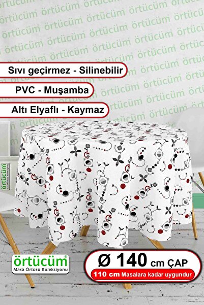 Örtücüm Yuvarlak Pvc Muşamba Astarlı Masa Örtüsü Geometrik Desenli Silinebili...