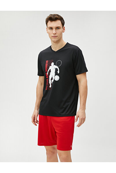 Koton Αθλητικό μπλουζάκι μπάσκετ με στάμπα V-λαιμόκοψη κοντό μανίκι