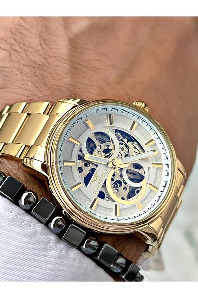 FERRO Gold Color Automatic Business Steel Band Men's Wrist Watch+Bracelet