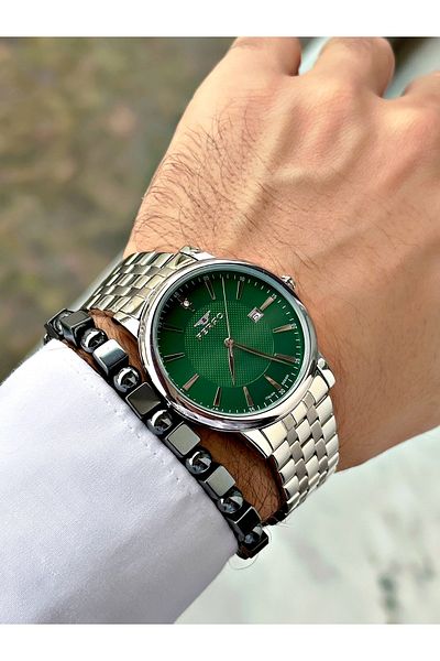 FERRO Silver Color Square Simple Model Classic Men's Wrist Watch + Bracelet