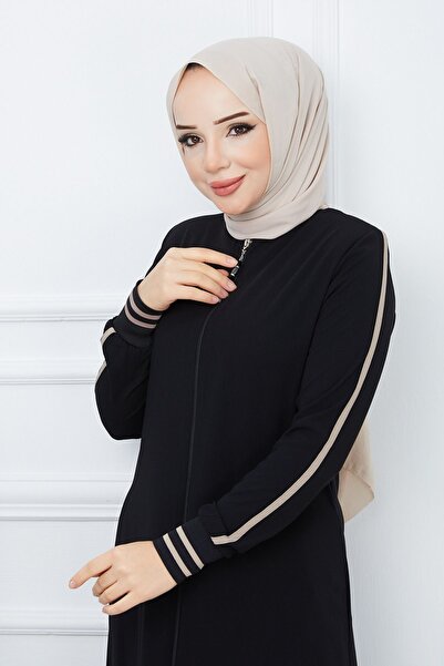 MODA ESRE FASHION Tesettür Giyim Medine Ipeği Siyah Ferace Krem Rengi Şeritli Kol Ribanalı