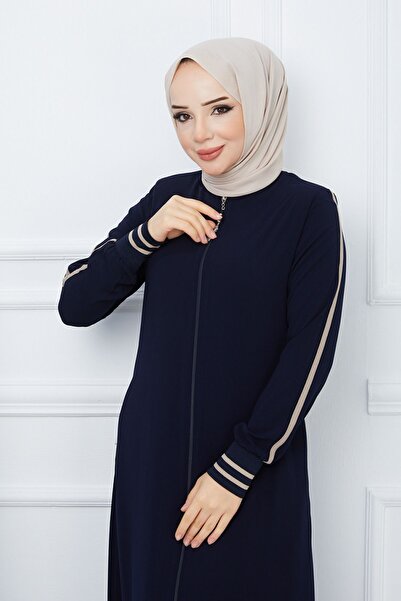MODA ESRE FASHION TESETTÜR GİYİM MEDİNE İPEĞİ FERACE KREM RENGİ ŞERİTLİ KOL RİBANALI