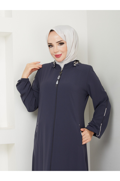 ESRE GİYİM Spor Model Kapşonlu Kolu Biyeli Flato Cepli Garni Desenli Tesettür Giyim Ferace Giy Çık
